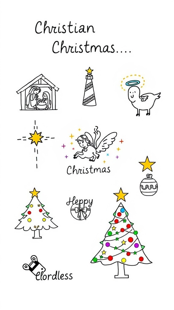 A colorful collection of Christian Christmas doodles featuring a nativity scene, star, angel, and Christmas tree.